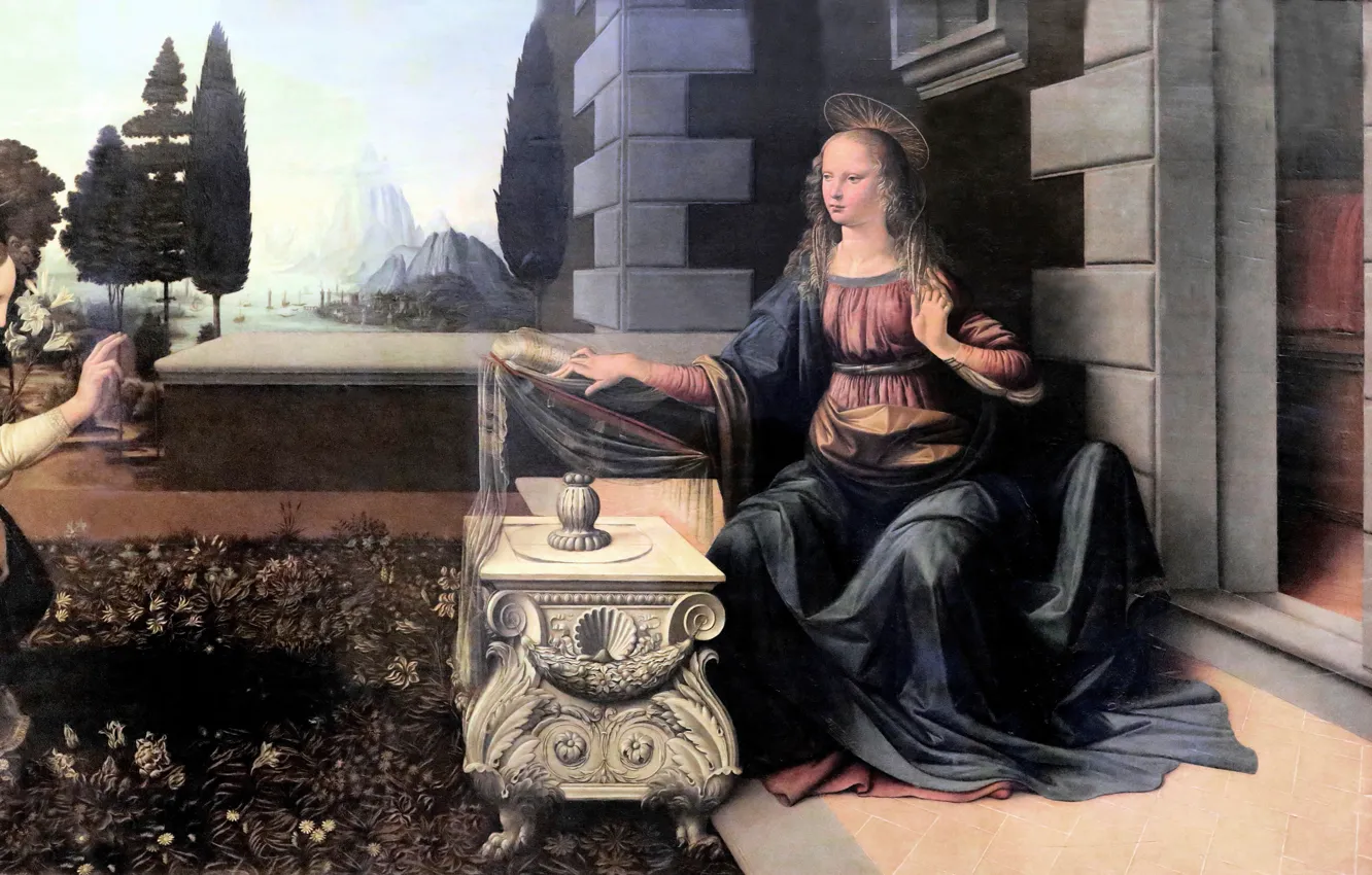Фото обои картина, Florence, Uffizi Gallery, Leonardo da Vinci, Annunciation to 1470-2
