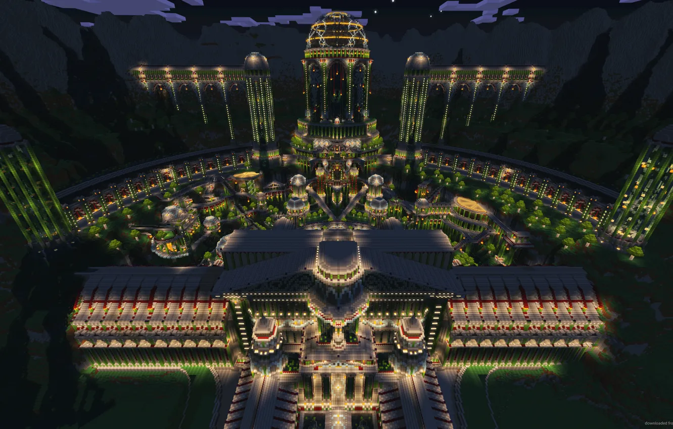 Фото обои деревья, ночь, огни, башня, блоки, освещение, дворец, Minecraft
