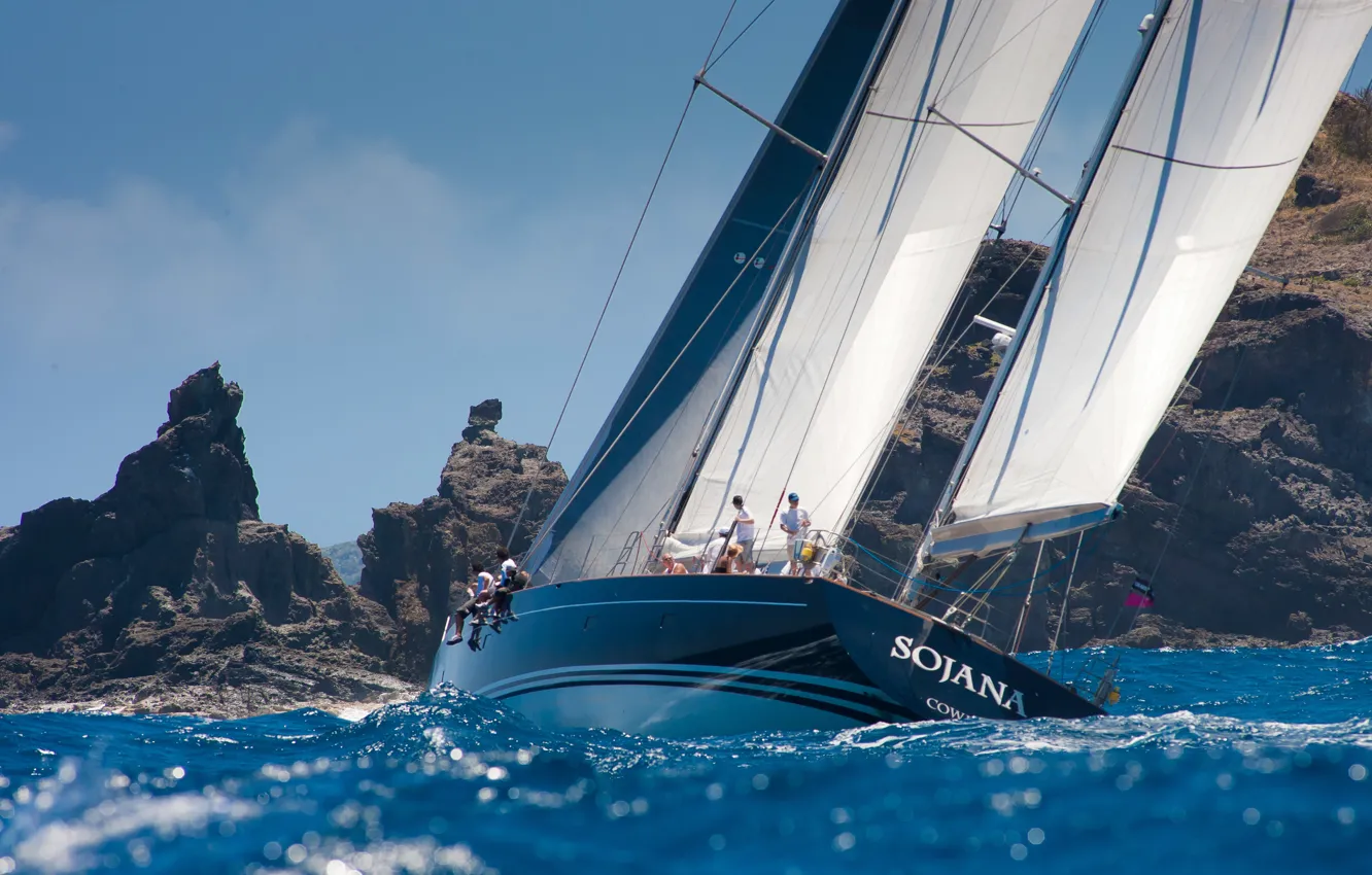 Фото обои море, скалы, берег, яхта