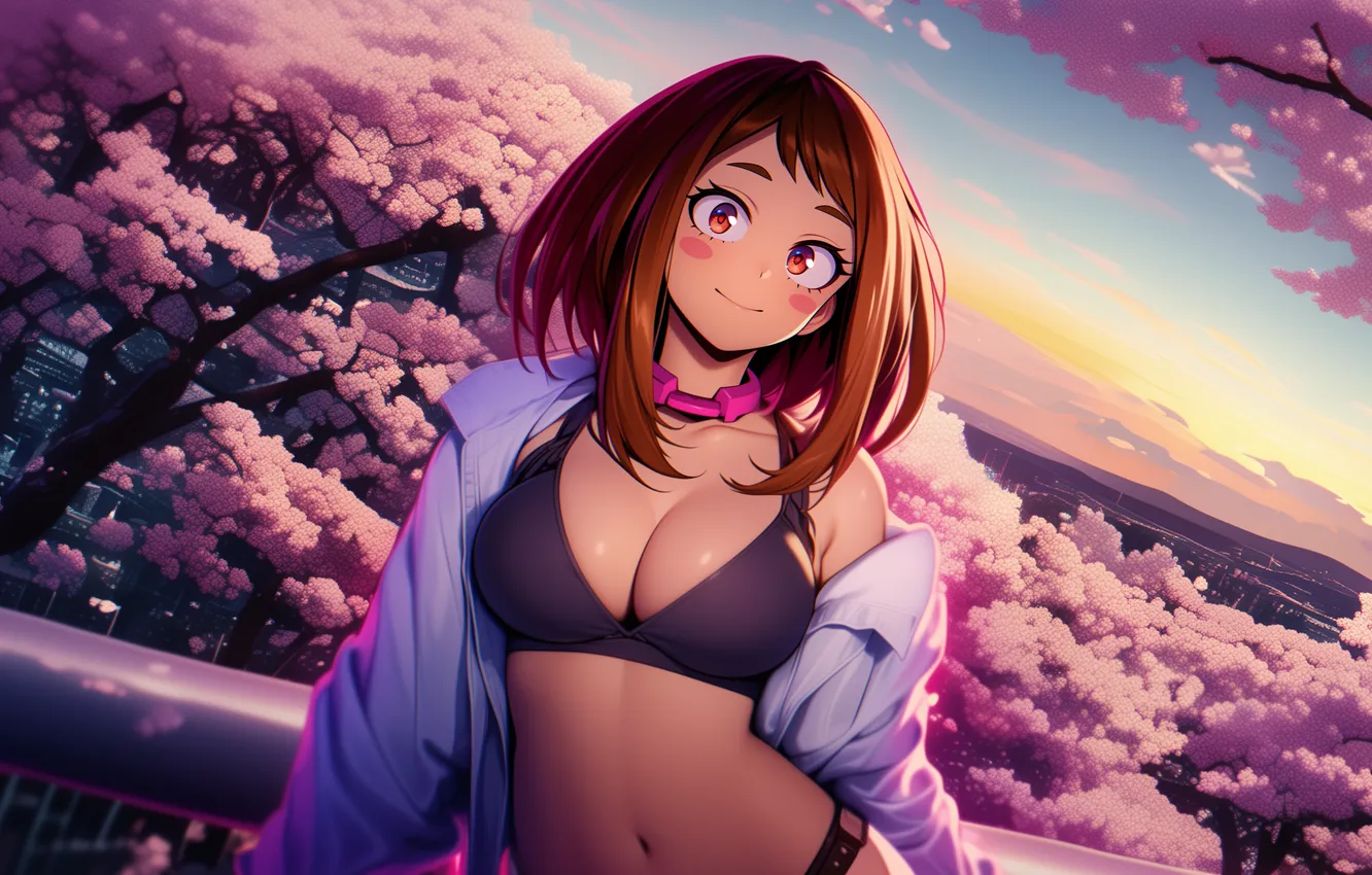 Фото обои купальник, аниме, арт, wallpaper, кофта, my hero academia, ochako uraraka, очако урарака