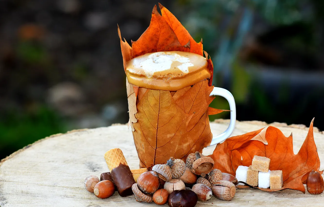 Фото обои осень, кофе, чашка, сахар, вафли, каштан, кленовые листья, жёлуди