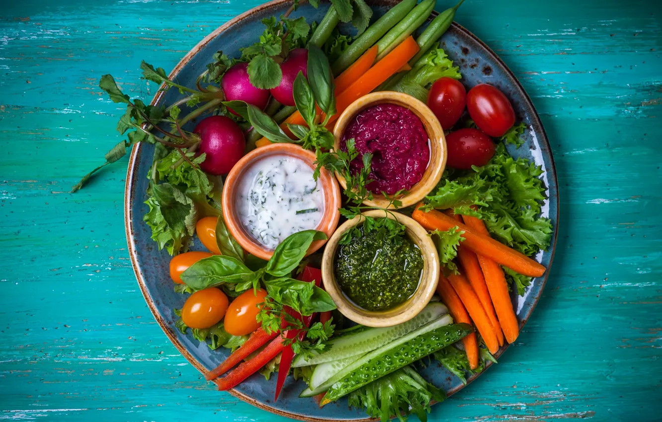 Фото обои огурец, овощи, соус, редис