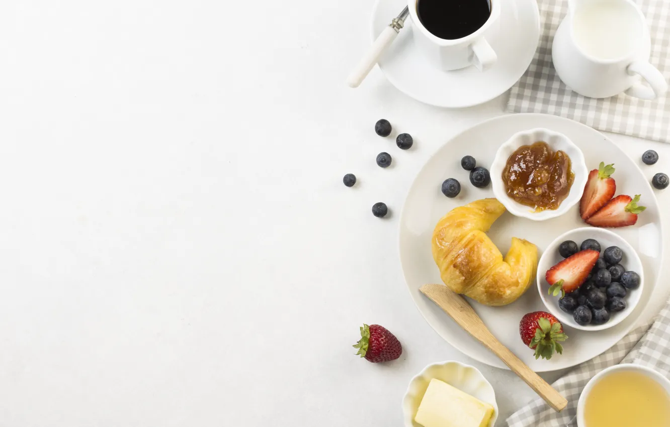 Фото обои ягоды, кофе, завтрак, сок, джем