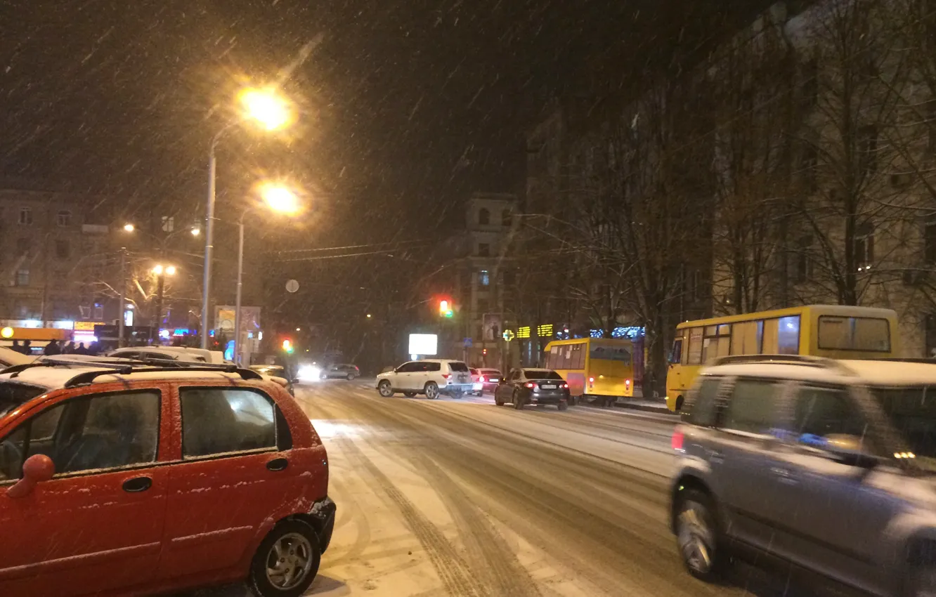 Фото обои дорога, снег, ночь