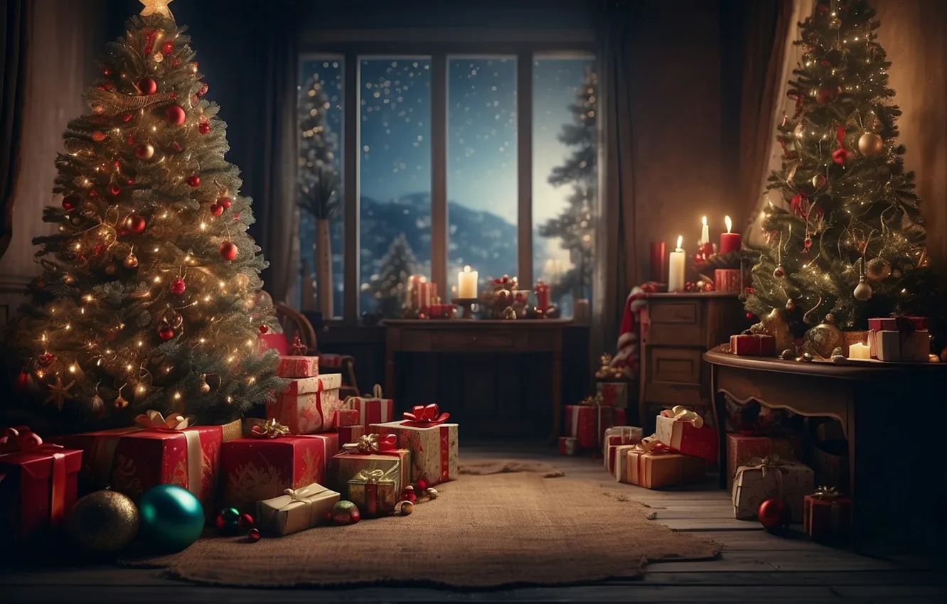 Фото обои комната, елка, интерьер, Рождество, Новый год, Christmas, view, tree