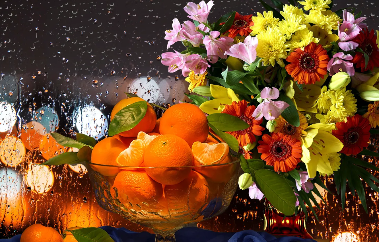 Фото обои цветы, дождь, букет, апельсины, натюрморт