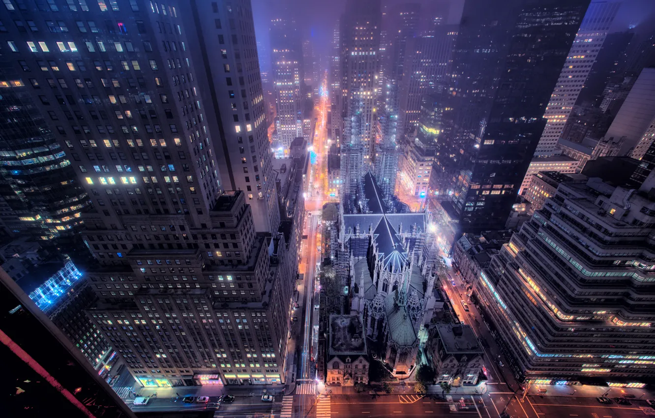 Фото обои дорога, ночь, город, огни, улица, окна, здания, New York