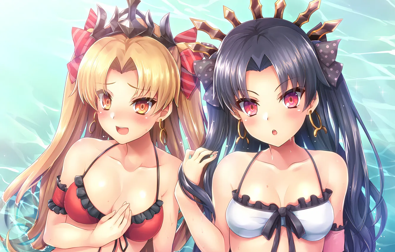 Фото обои sexy, wet, cleavage, long hair, sea, girls, boobs, anime