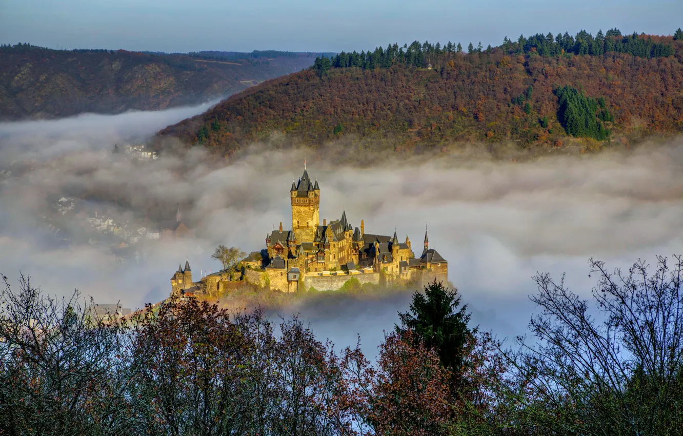 Фото обои город, туман, фото, замок, Германия, Cochem, Reichsburg