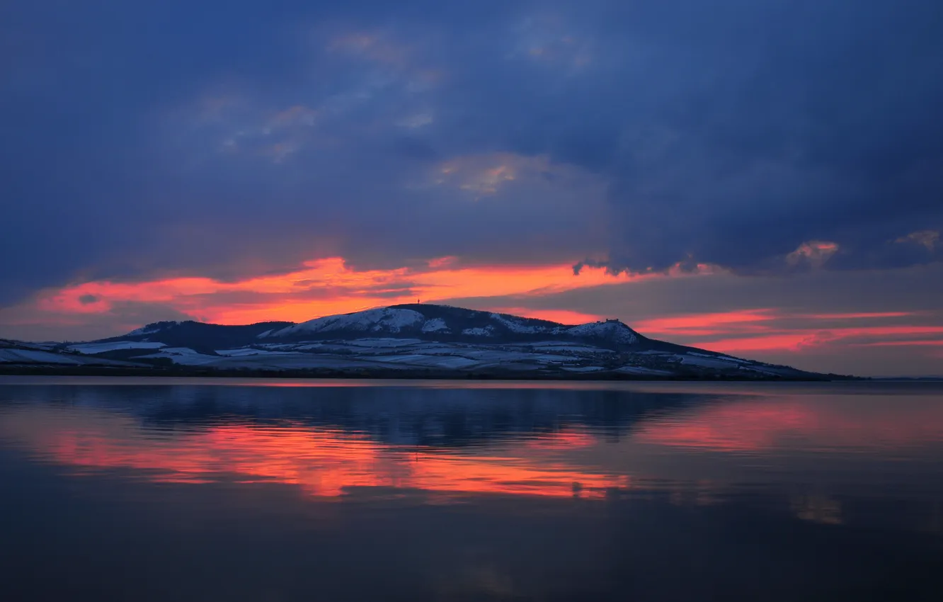 Фото обои закат, озеро, гора