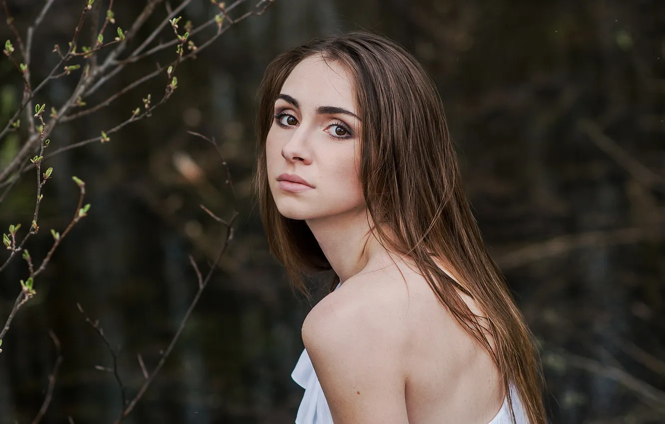 Фото обои взгляд, девушка, ветки, природа, поза, портрет, макияж, шатенка