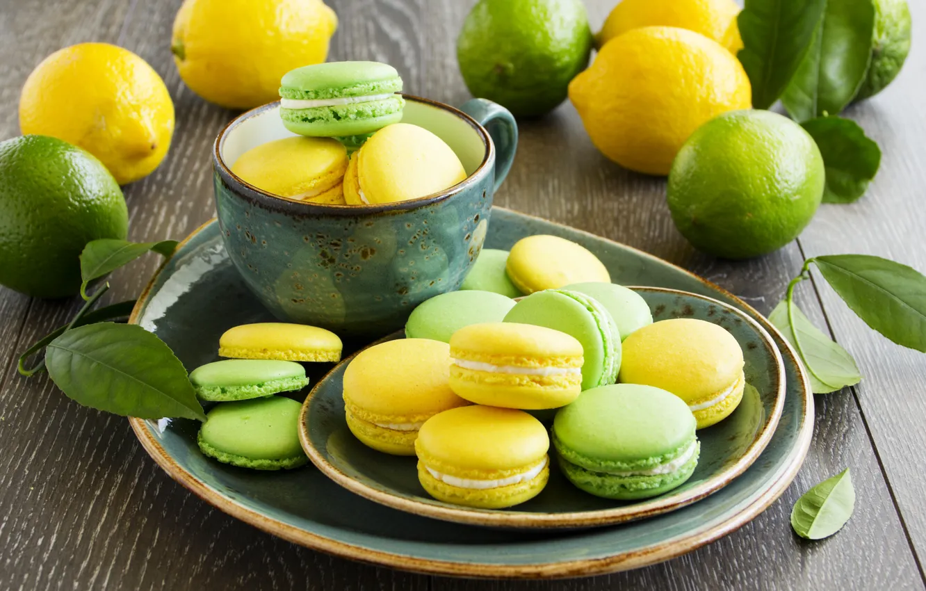 Фото обои лимон, печенье, тарелка, чашка, лайм, фрукты, желтое, зеленое