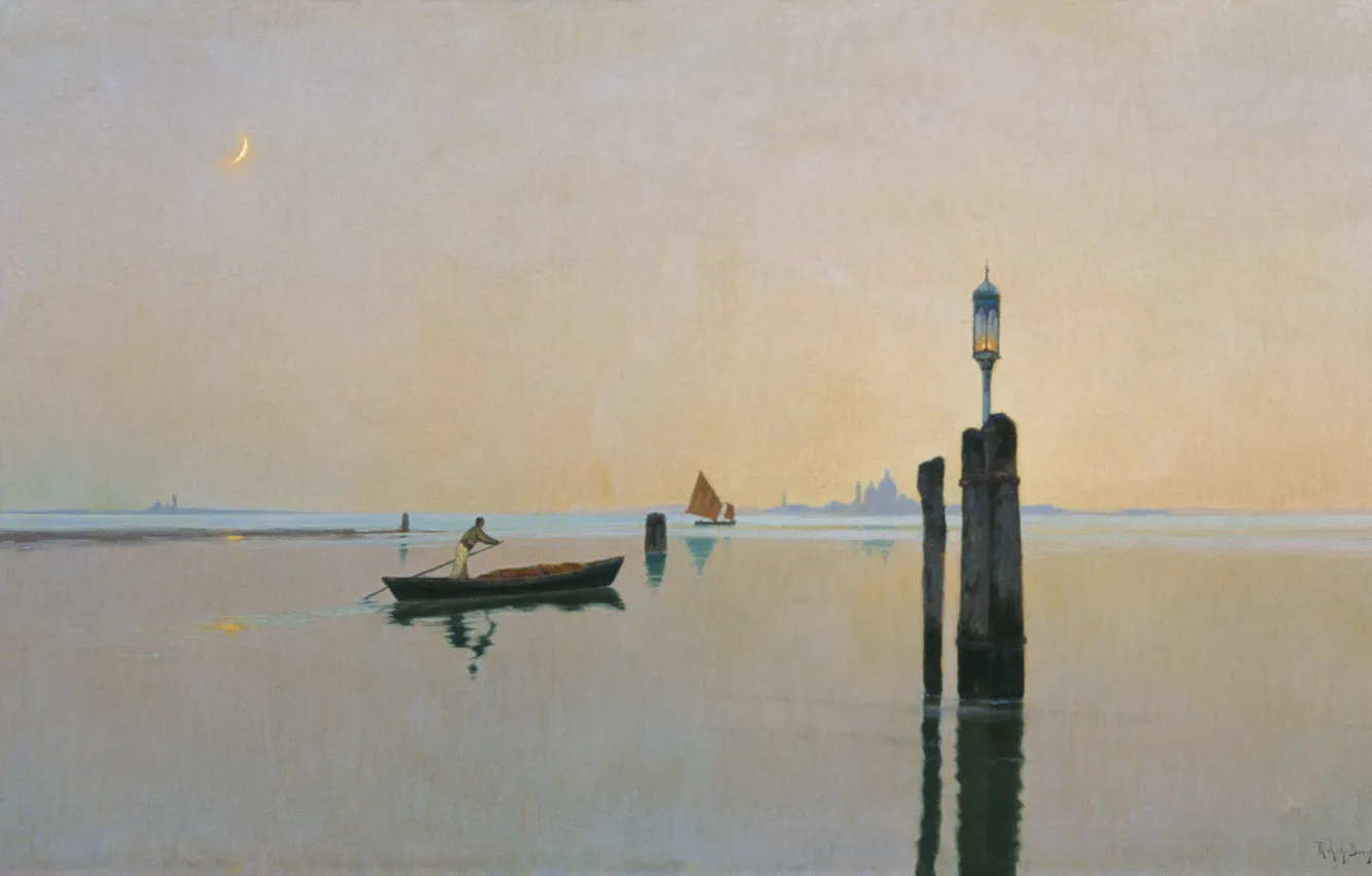 Фото обои лодка, масло, картина, холст, морской пейзаж, Ричард Бергольц, Лагуны в Мурано