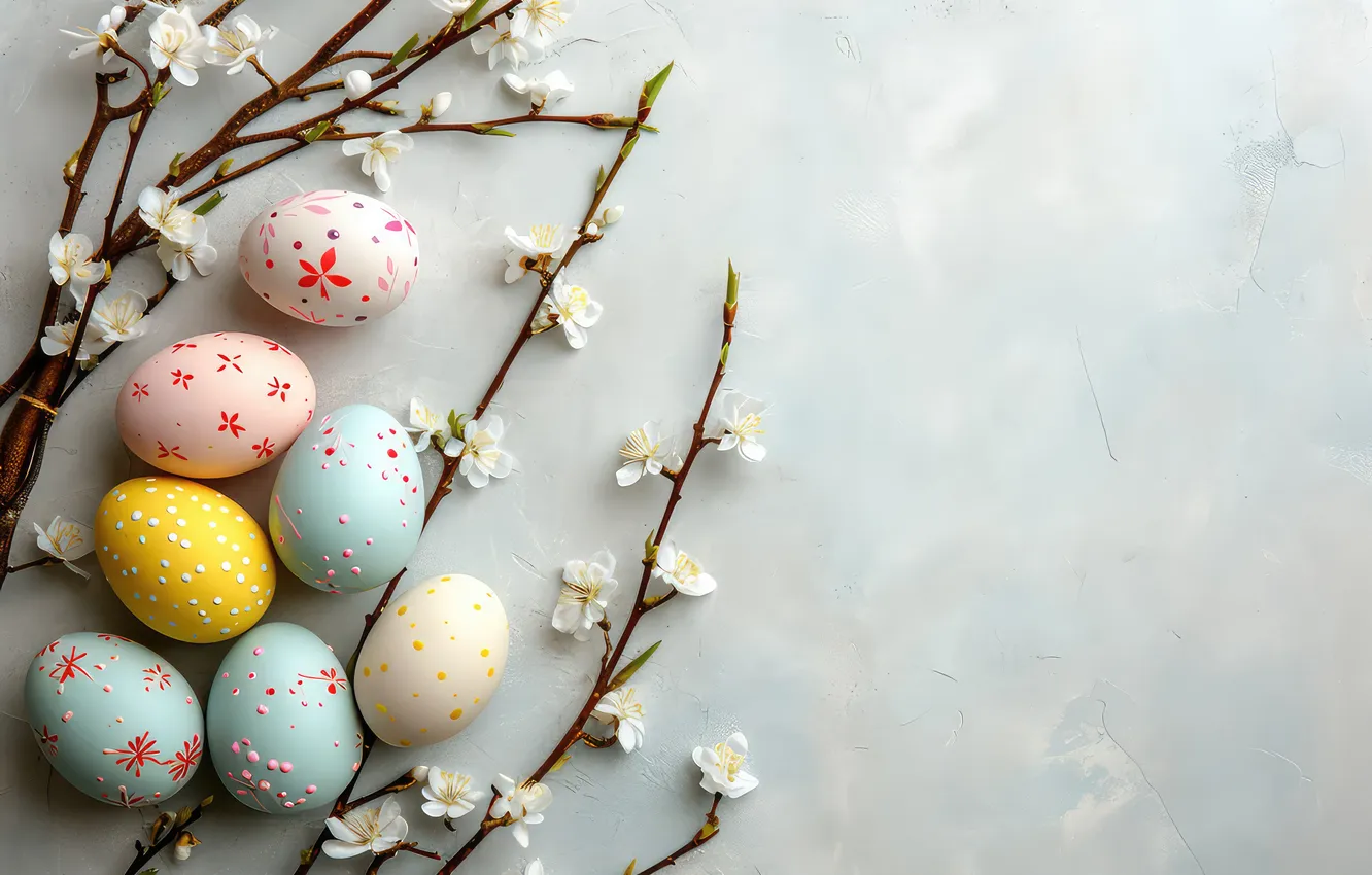Фото обои цветы, яйца, весна, Пасха, happy, blossom, flowers, spring