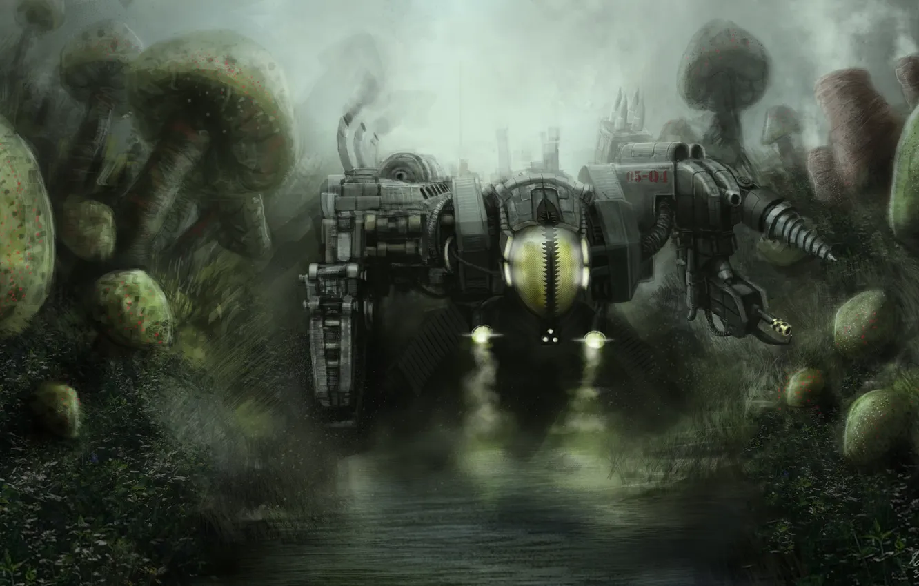 Фото обои машина, вода, пруд, грибы, болото, робот, арт, фантастический мир