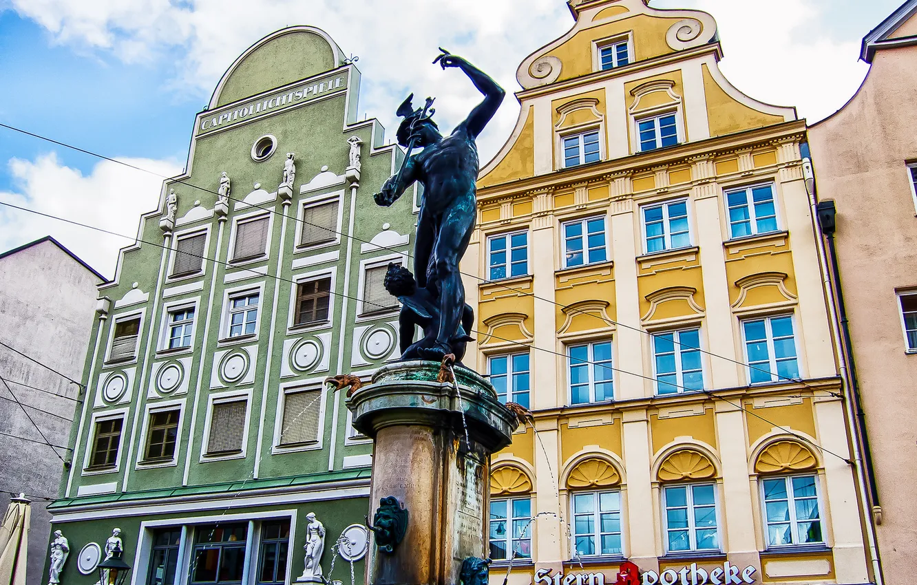 Фото обои дома, Германия, Бавария, площадь, фонтан, скульптура, Аугсбург