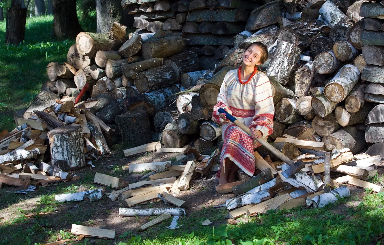 Фото обои настроение, девочка, дрова, топор