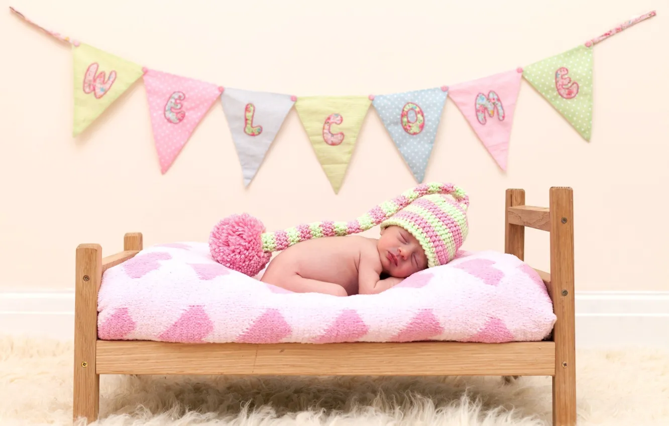 Фото обои сон, девочка, малышка, шапочка, младенец, кроватка