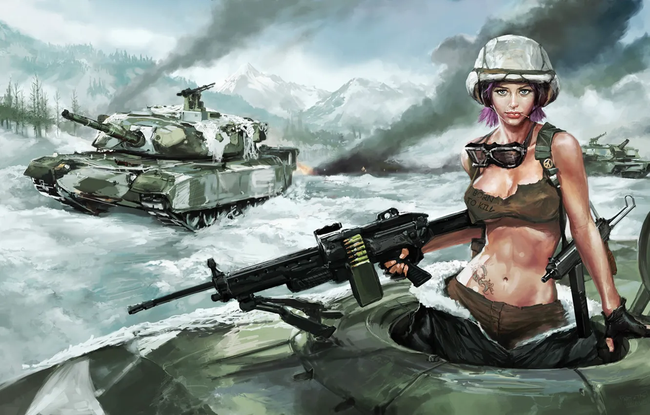 Фото обои девушка, снег, танк, пулемет