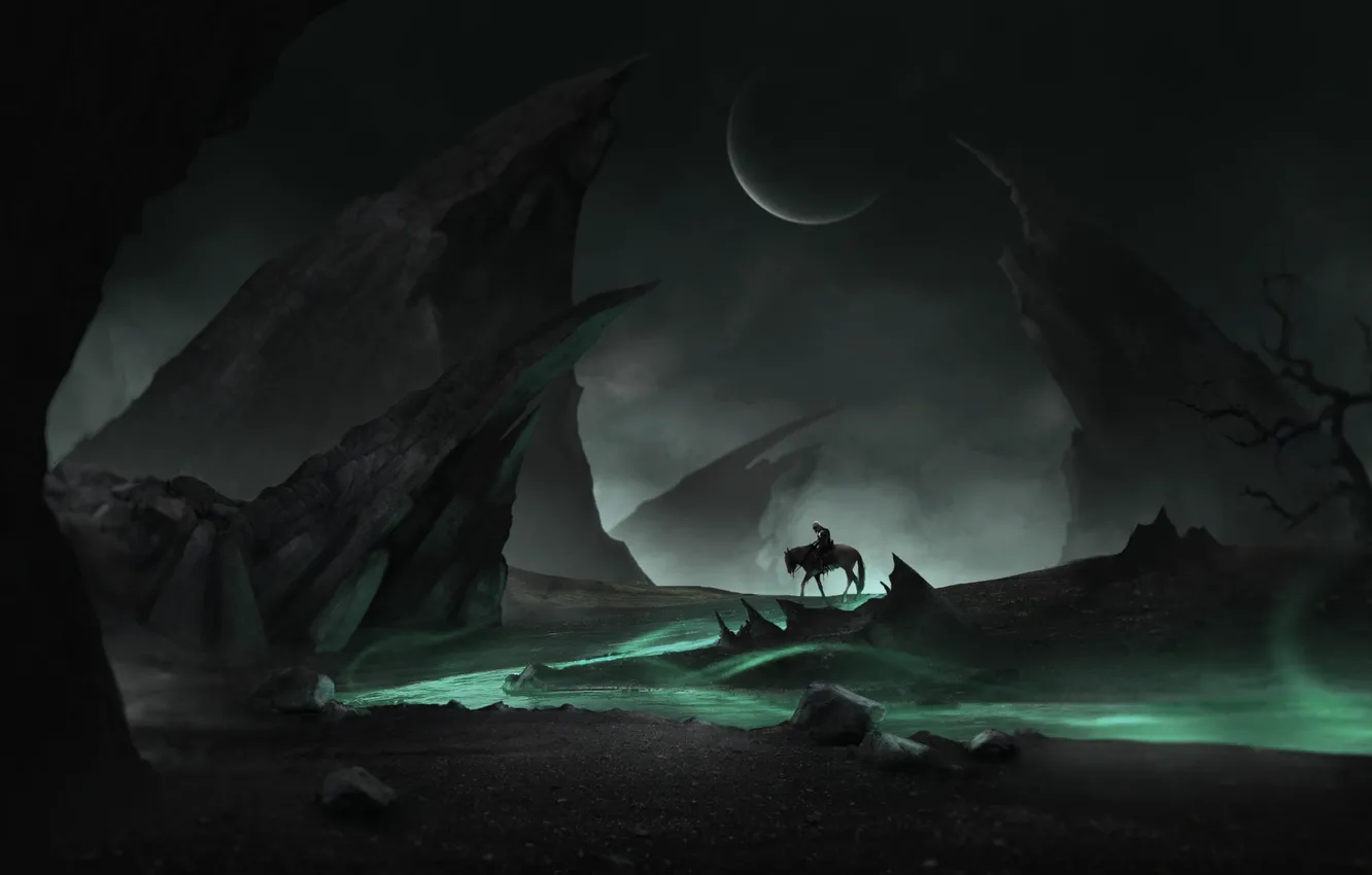 Фото обои Лошадь, Ночь, Скалы, Луна, Путь, Воин, Moon, Fantasy