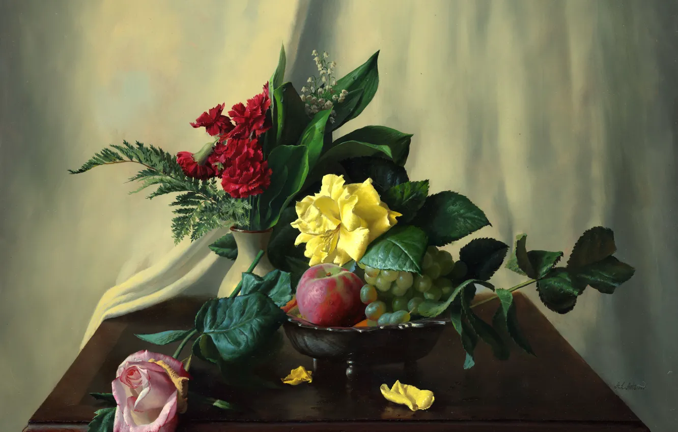 Фото обои цветы, ягоды, яблоки, розы, картина, фрукты, натюрморт, папоротник