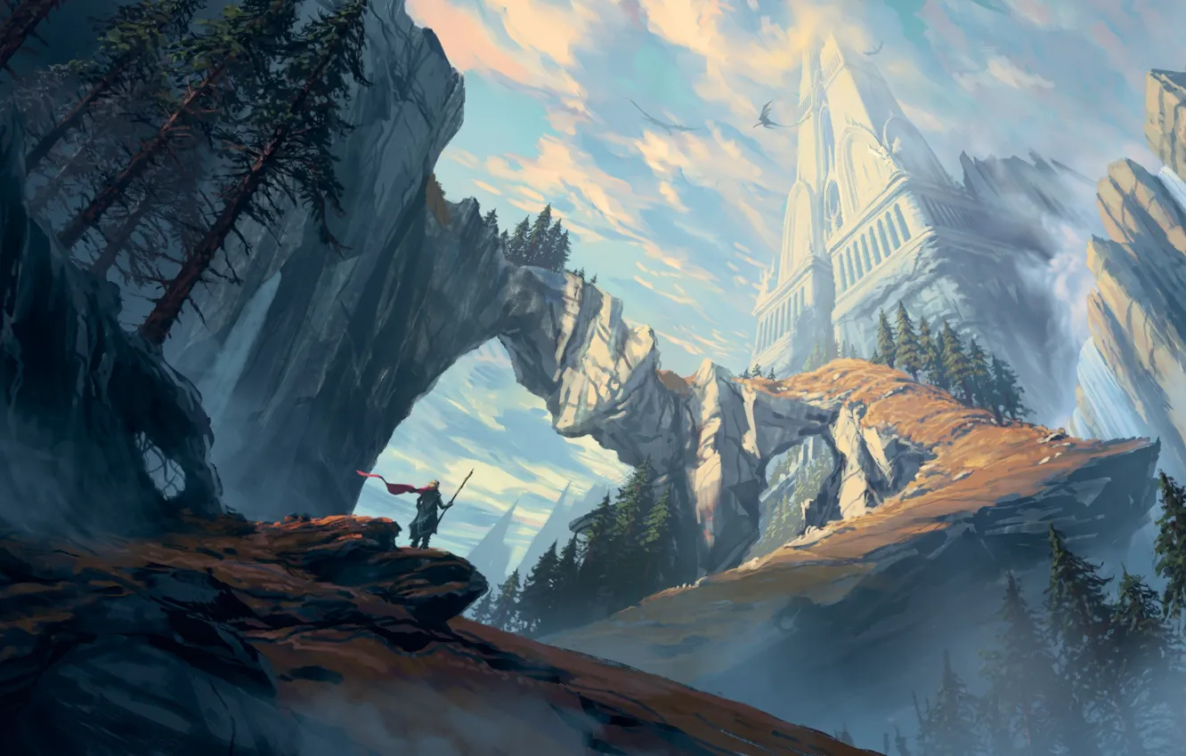 Фото обои fantasy, tower, sky, trees, mountains, clouds, rocks, waterfall
