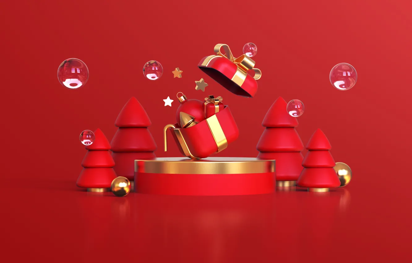 Фото обои украшения, рендеринг, фон, елка, Рождество, Новый год, red, christmas