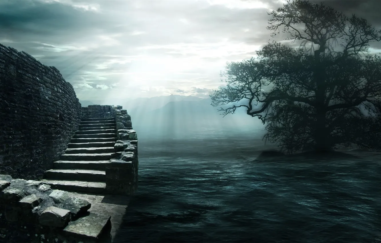 Фото обои вода, облака, свет, камни, дерево, лестница
