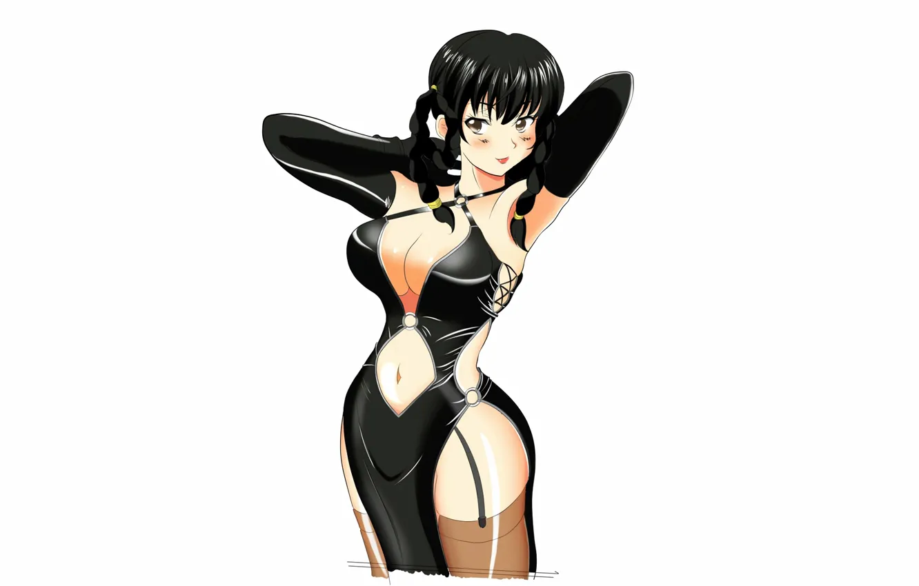 Фото обои girl, sexy, cleavage, thighhighs, dress, brown eyes, boobs, anime