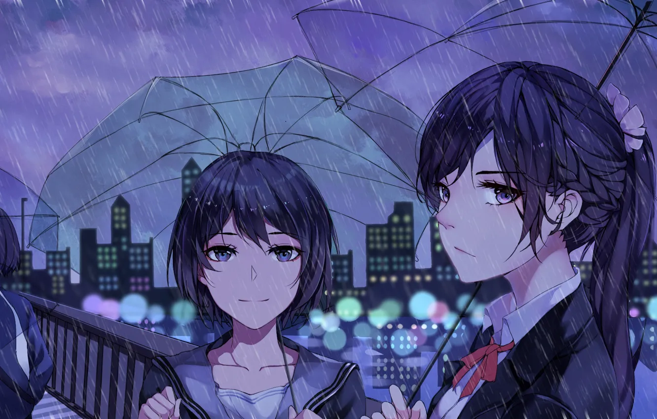 Фото обои девушки, дождь, арт, зонты