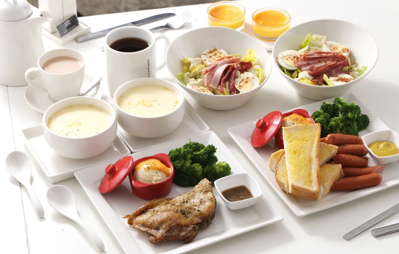 Фото обои чай, сосиски, кофе, завтрак, хлеб, суп, мясо, салат