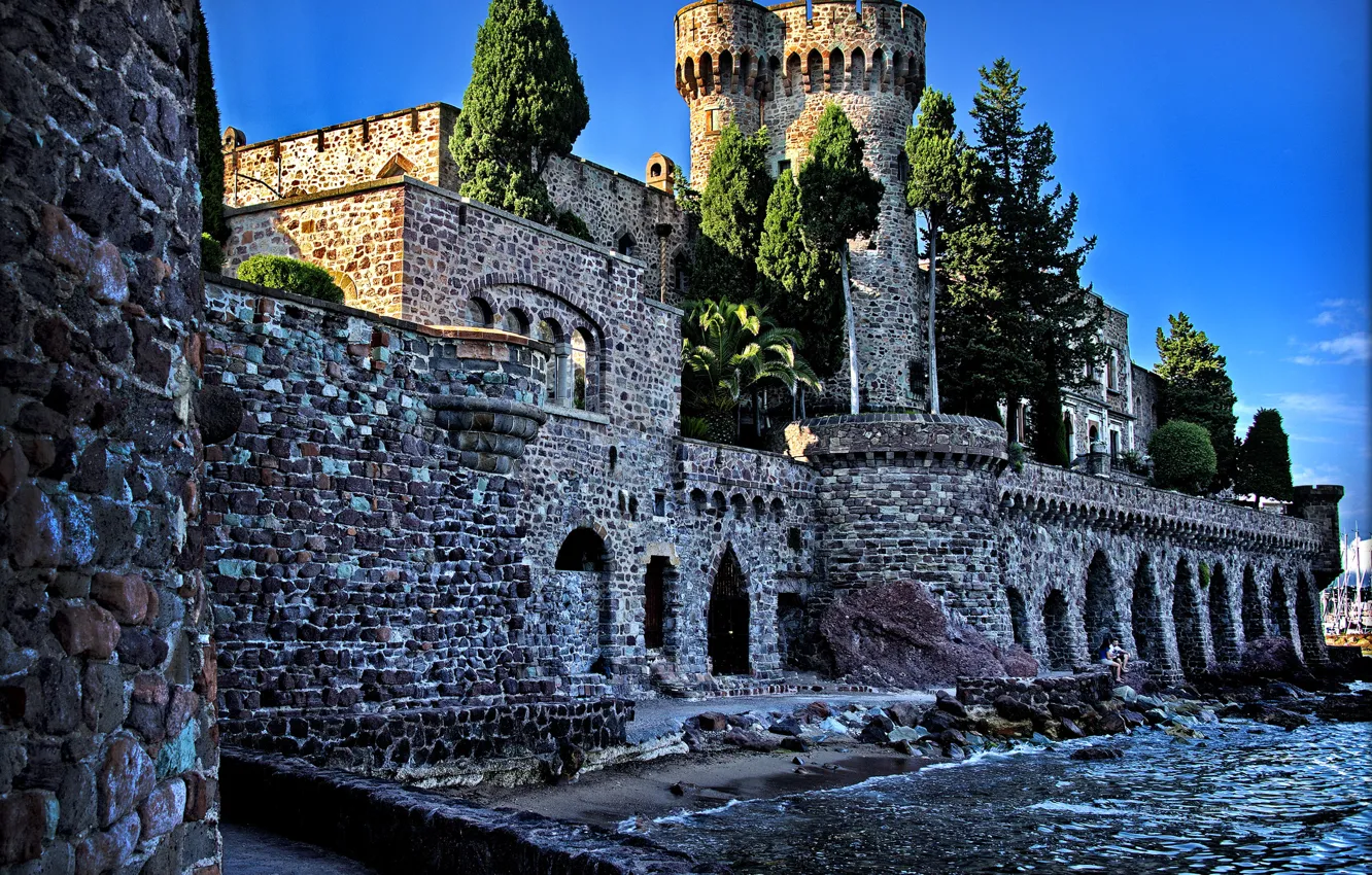 Фото обои вода, деревья, камни, стены, Франция, башня, крепость, Chateau de la Napoule