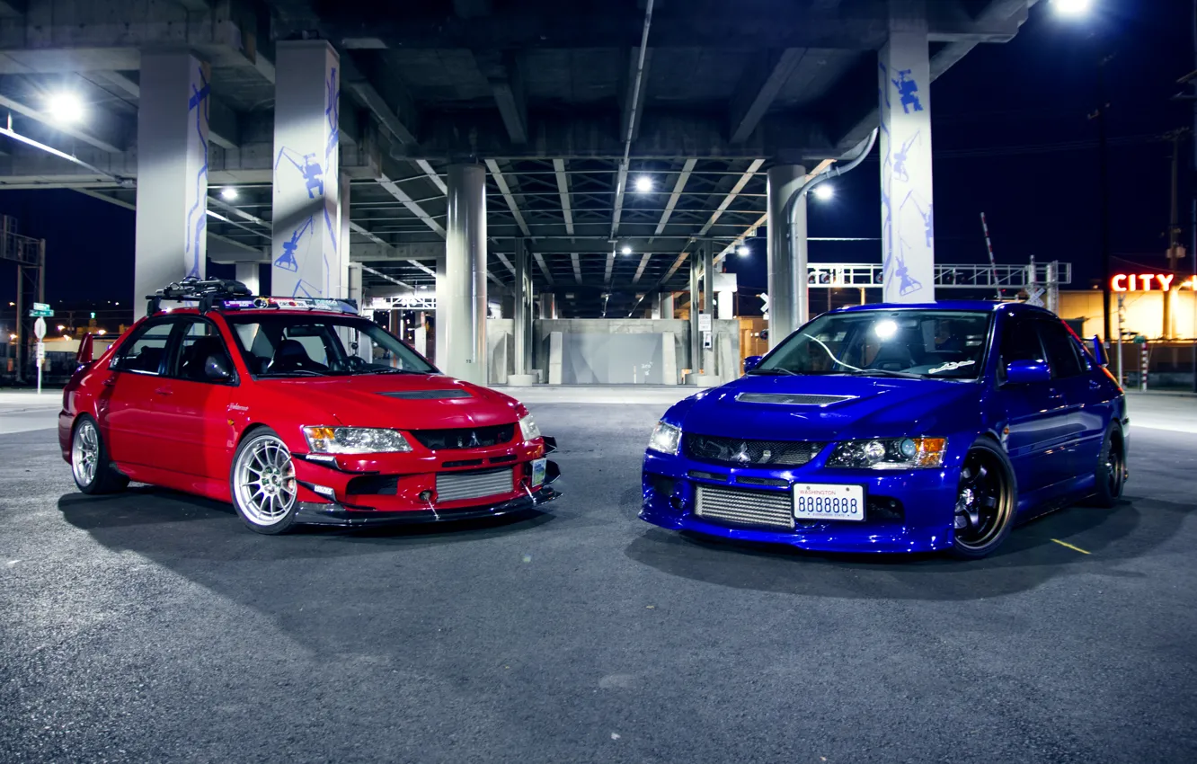 Фото обои синий, красный, тюнинг, Mitsubishi, red, Evo, митсубиши, эволюшн