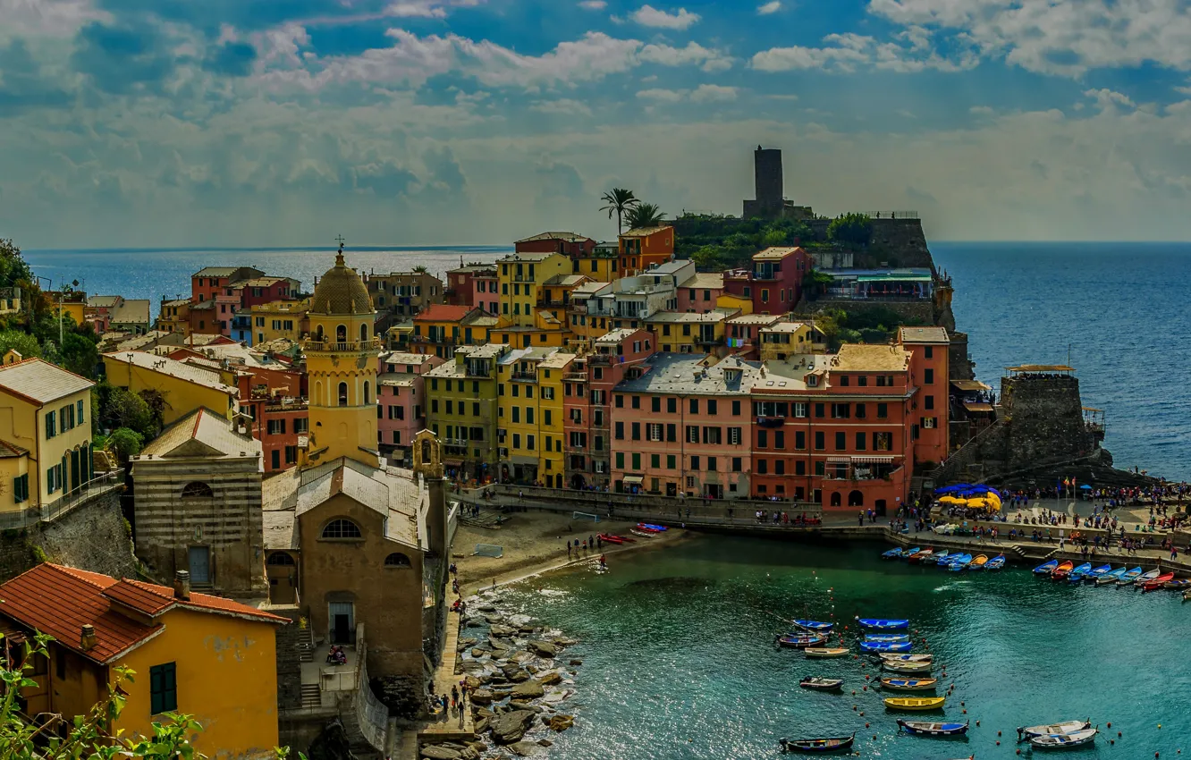 Фото обои море, пейзаж, город, дома, лодки, Италия, Вернацца, Vernazza