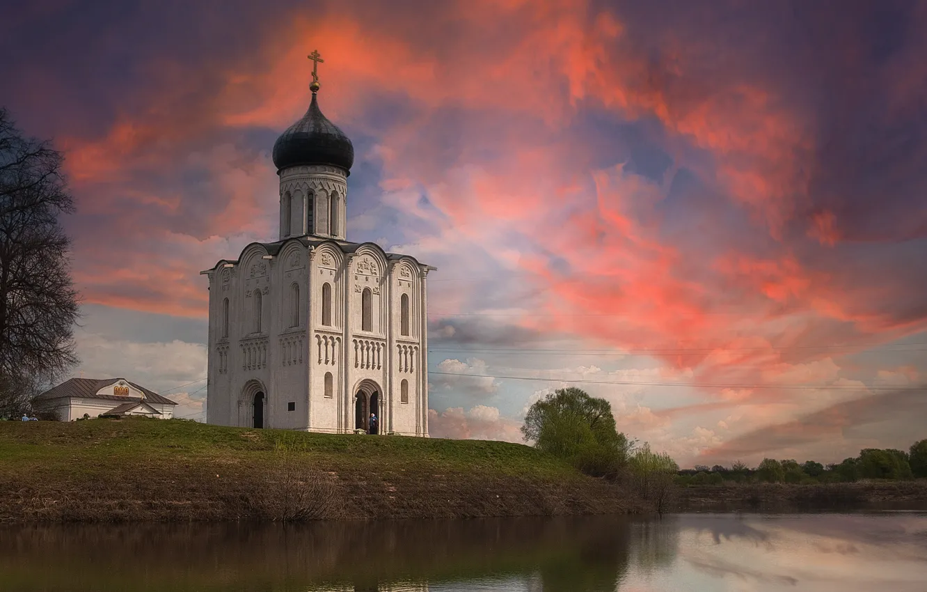 Фото обои пейзаж, природа, река, вечер, берега, Нерль, церковь Покрова