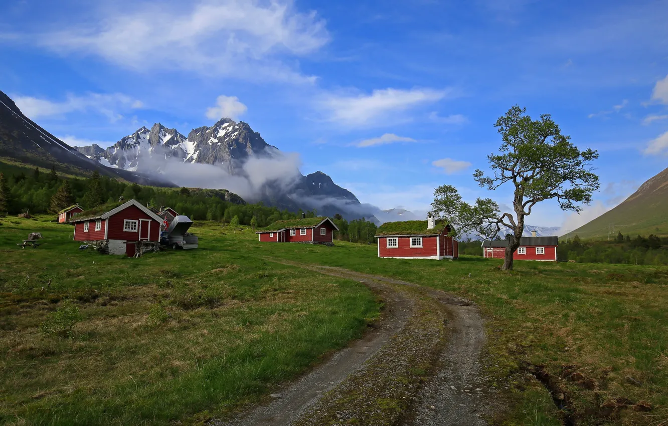 Фото обои дорога, горы, Норвегия, домики