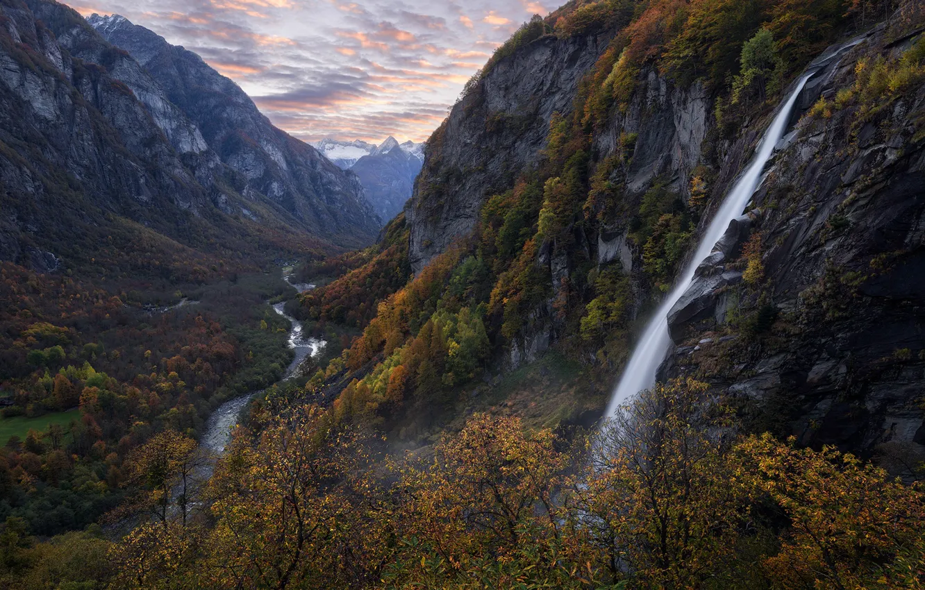 Фото обои осень, горы, река, водопад, Швейцария, ущелье