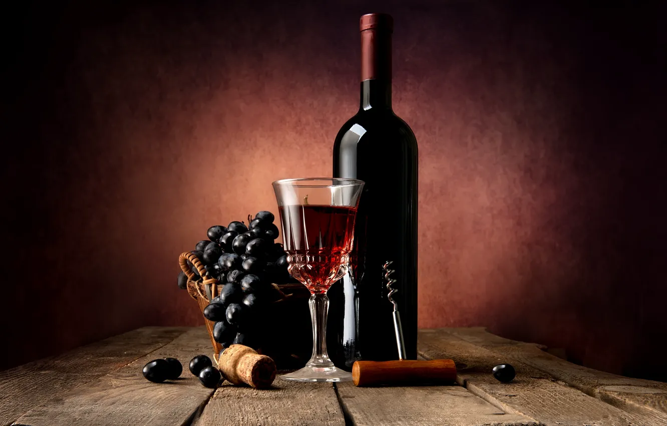 Фото обои вино, бокал, бутылка, виноград, штопор