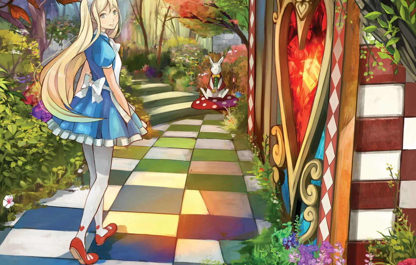 Фото обои девушка, арт, дорожка, алиса в стране чудес, alice, шахматка, белый кролик, shigureteki