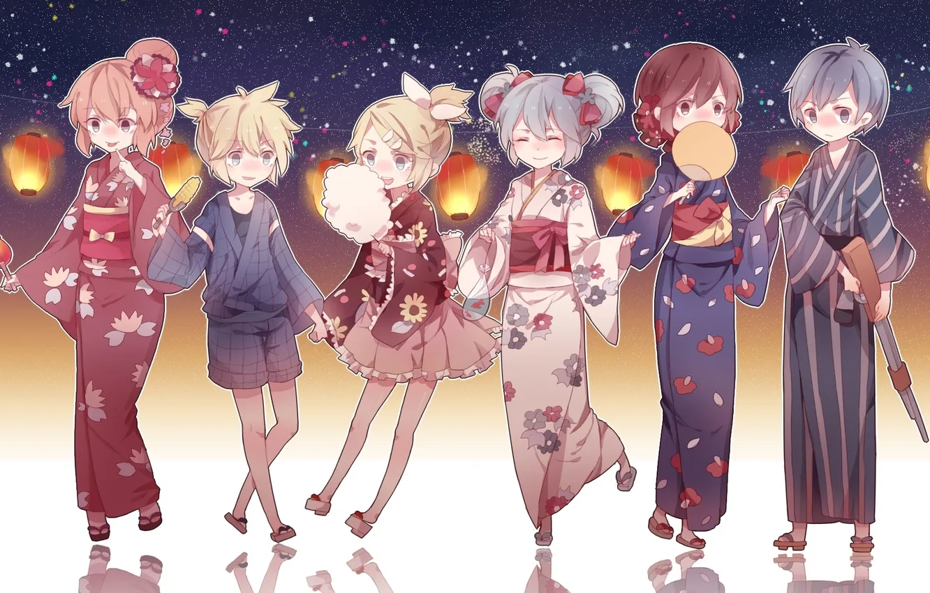 Фото обои звезды, девушки, яблоко, кукуруза, арт, фонари, кимоно, парни