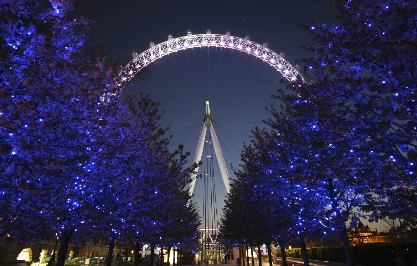 Фото обои украшения, деревья, огни, праздник, Англия, Лондон, Рождество, колесо обозрения