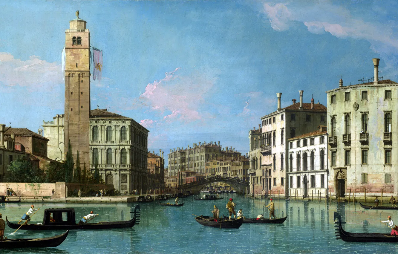 Фото обои пейзаж, лодка, дома, картина, Венеция, канал, Canaletto, Venice: Entrance to the Cannaregio