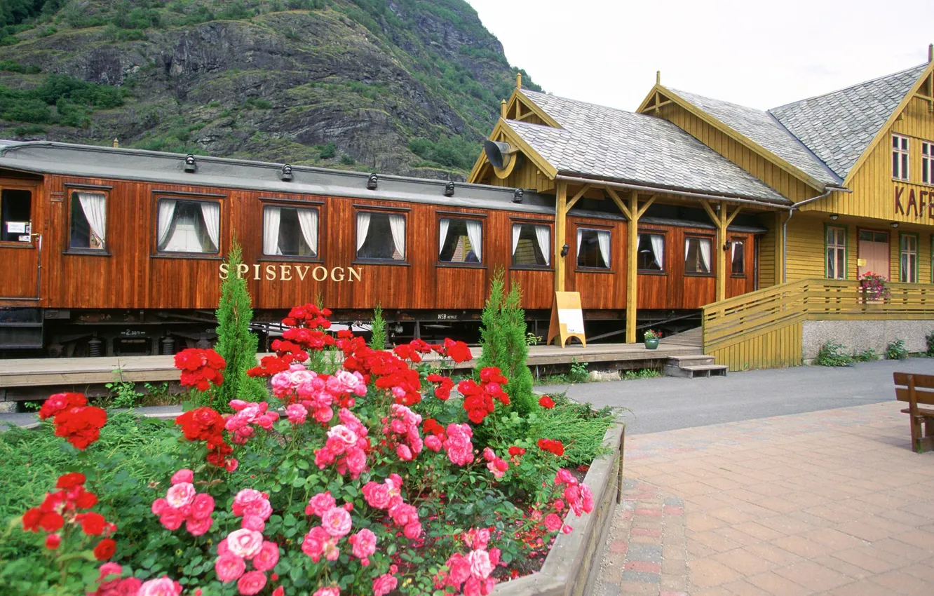 Фото обои дома, вагоны, Норвегия, кафе