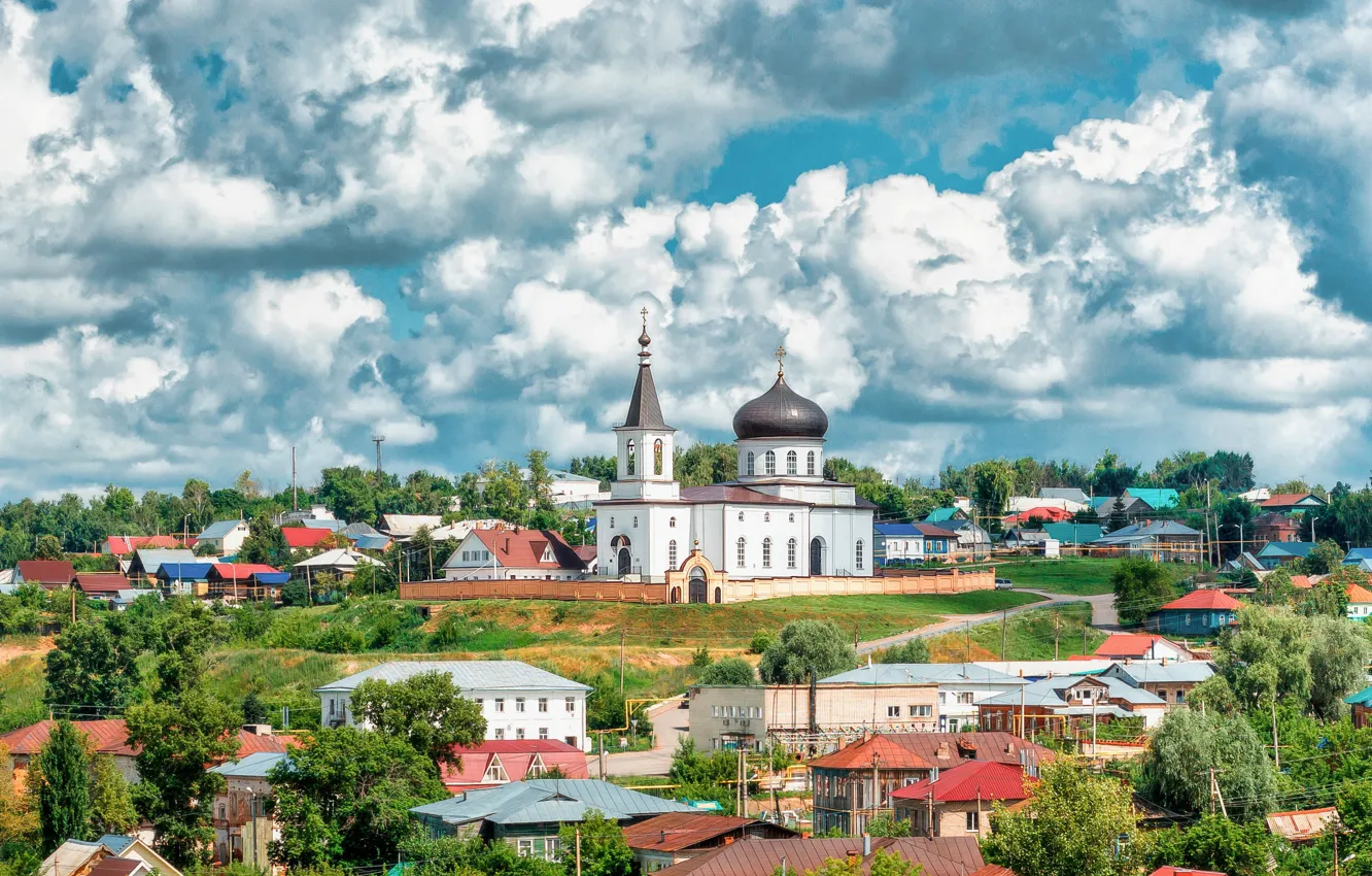 Фото обои облака, пейзаж, город, дома, Михаило-Архангельский храм, Бирск