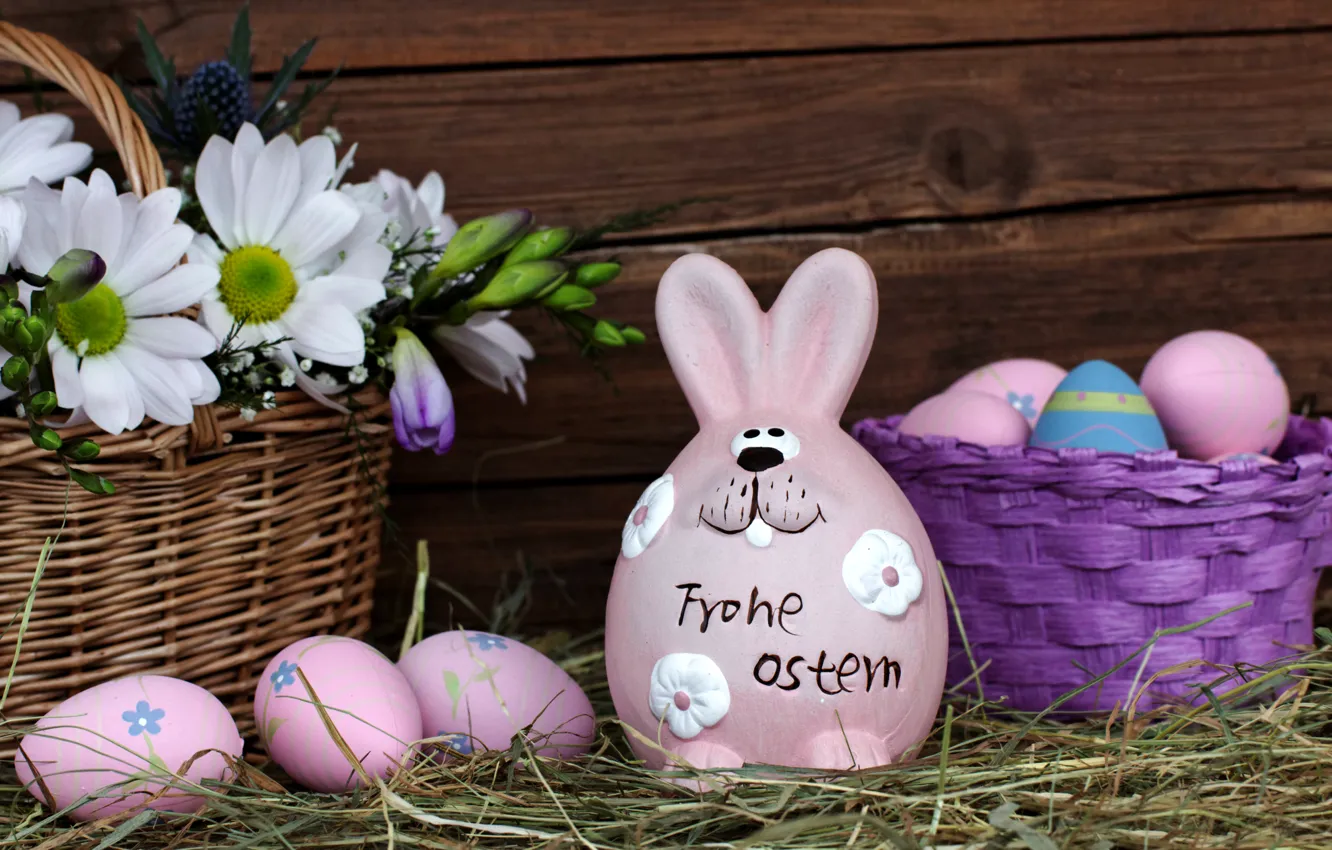 Фото обои цветы, праздник, доски, яйца, кролик, Пасха, сено, Easter