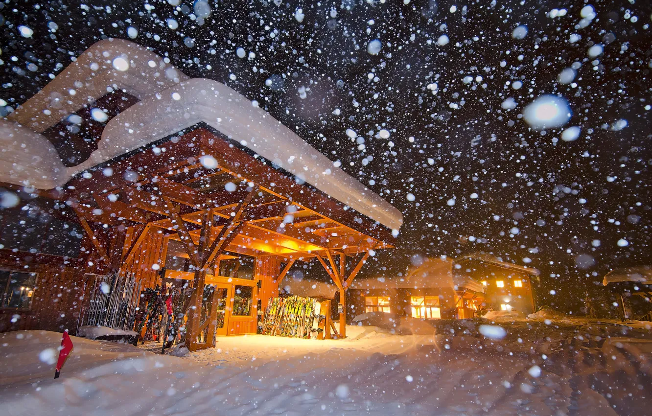 Фото обои Зима, Вечер, Winter, Evening, Снегопад, Snowfall