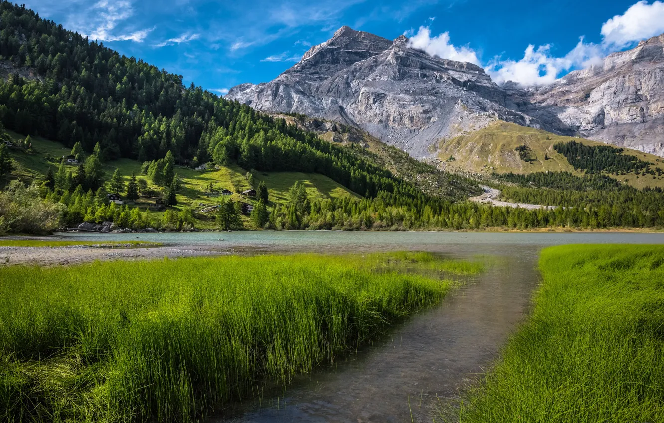 Фото обои трава, горы, озеро, Швейцария, Switzerland, Bernese Alps, Бернские Альпы, Озеро Дерборанс