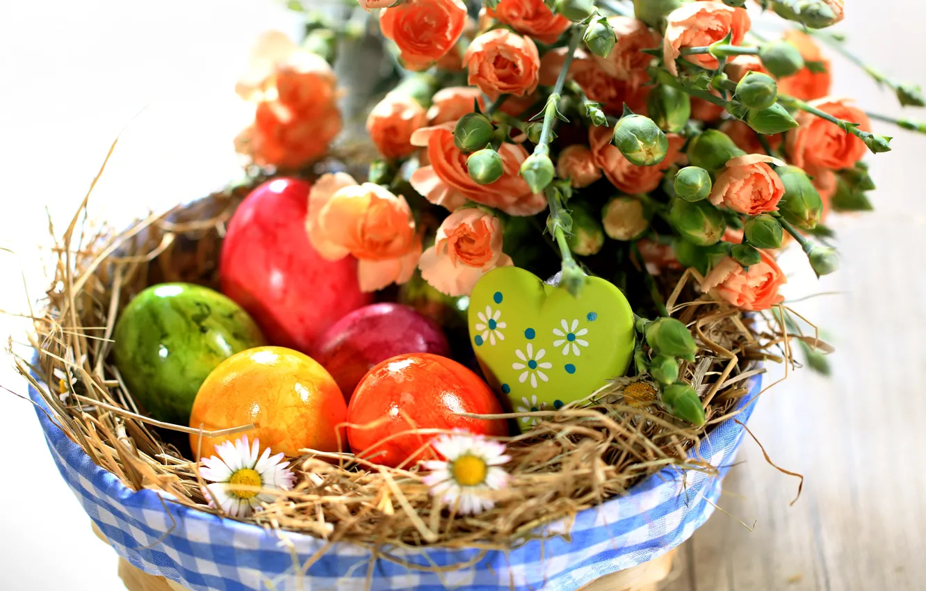 Фото обои цветы, розы, яйца, весна, пасха, разноцветные, flowers, spring