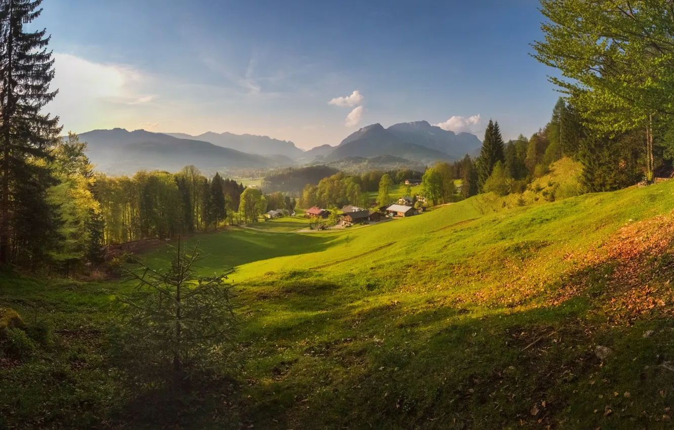 Фото обои пейзаж, горы, природа, туман, дома, Германия, Бавария, леса