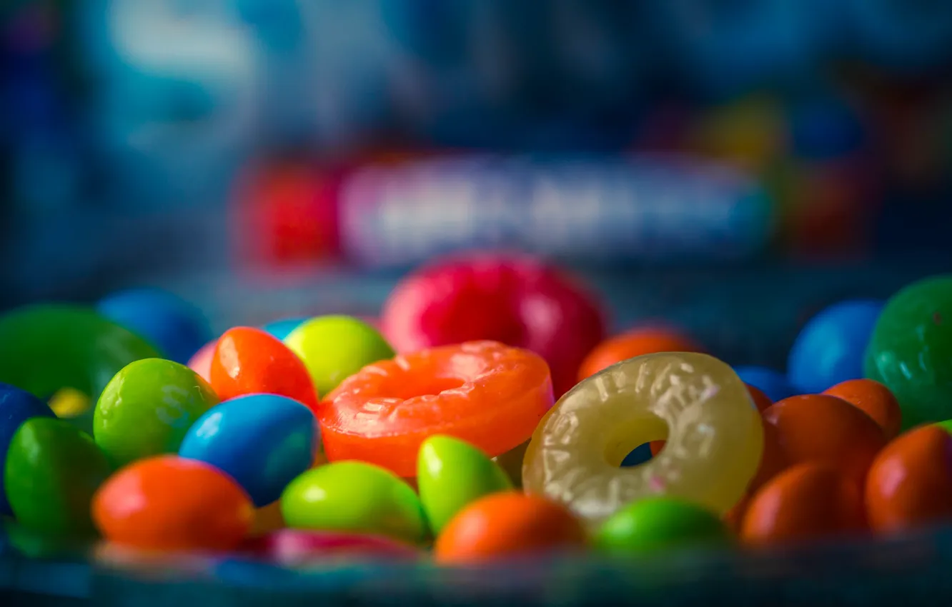 Фото обои макро, конфеты, сладости, леденцы, боке, драже